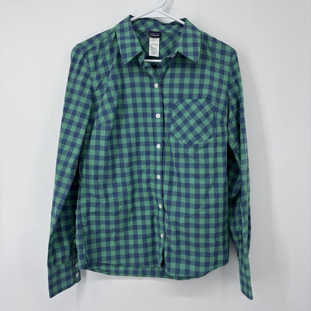 Patagonia Checkered Sleeve Shirt Organic Cotton Womens Size‎ 4 Blue Green
